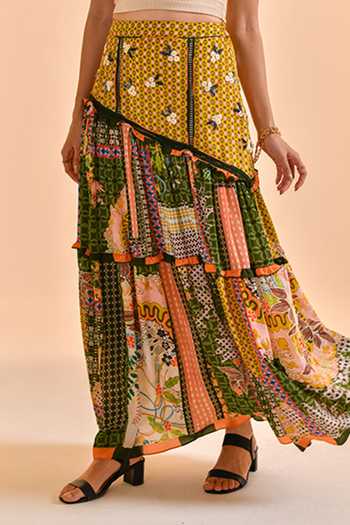 Bhanuni By Jyoti_Green Viscose Moss Shadow Printed Maxi Skirt _Online_at_Aza_Fashions