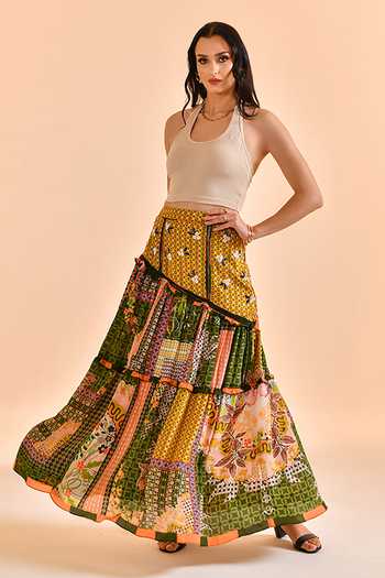Buy_Bhanuni By Jyoti_Green Viscose Moss Shadow Printed Maxi Skirt _Online_at_Aza_Fashions