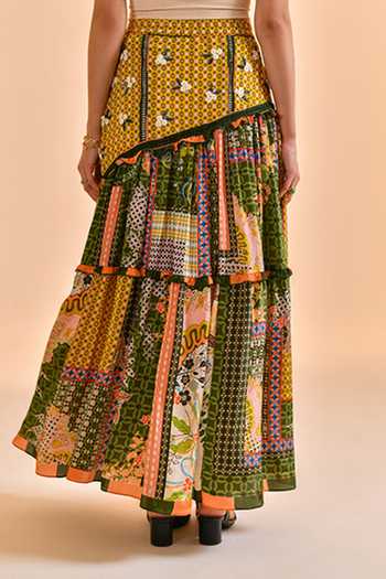 Shop_Bhanuni By Jyoti_Green Viscose Moss Shadow Printed Maxi Skirt _Online_at_Aza_Fashions