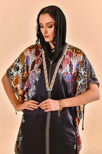 Bhanuni By Jyoti_Black Viscose V-neck Halo Print Kaftan _Online_at_Aza_Fashions