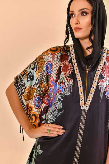 Buy_Bhanuni By Jyoti_Black Viscose V-neck Halo Print Kaftan _Online_at_Aza_Fashions