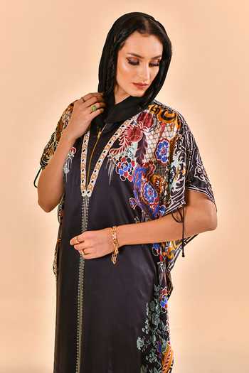 Shop_Bhanuni By Jyoti_Black Viscose V-neck Halo Print Kaftan _Online_at_Aza_Fashions