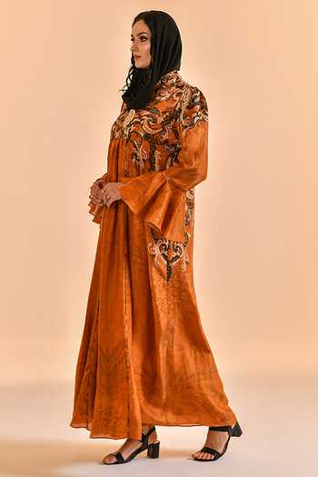 Bhanuni By Jyoti_Brown Viscose V-neck, Yes Copper Moon Abaya _Online_at_Aza_Fashions