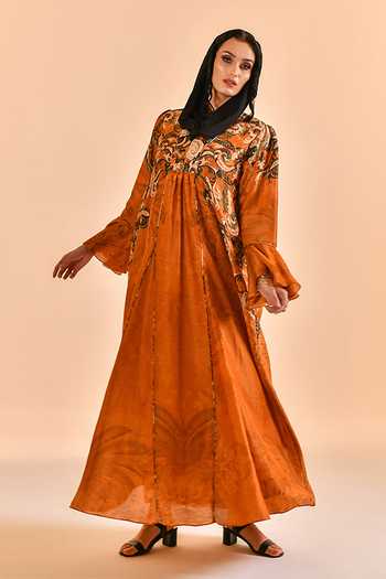 Buy_Bhanuni By Jyoti_Brown Viscose V-neck, Yes Copper Moon Abaya _Online_at_Aza_Fashions
