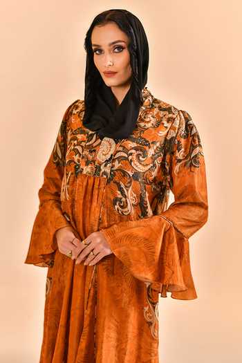 Shop_Bhanuni By Jyoti_Brown Viscose V-neck, Yes Copper Moon Abaya _Online_at_Aza_Fashions