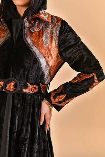 Buy_Bhanuni By Jyoti_Black Viscose Mandarin Collar Nightfall Muse Printed Abaya _Online_at_Aza_Fashions