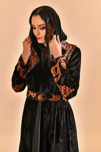 Shop_Bhanuni By Jyoti_Black Viscose Mandarin Collar Nightfall Muse Printed Abaya _Online_at_Aza_Fashions