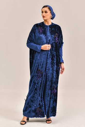 Bhanuni By Jyoti_Navy Viscose High Neck Nocturne Print Abaya _Online_at_Aza_Fashions