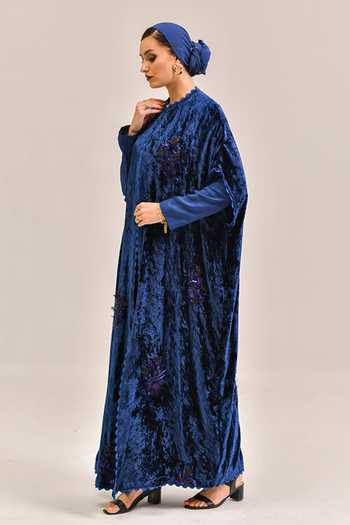 Shop_Bhanuni By Jyoti_Navy Viscose High Neck Nocturne Print Abaya _Online_at_Aza_Fashions