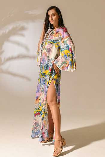 Bhanuni By Jyoti_Multi Color Viscose Keyhole Neck Bubblelight Print Kaftan _Online_at_Aza_Fashions