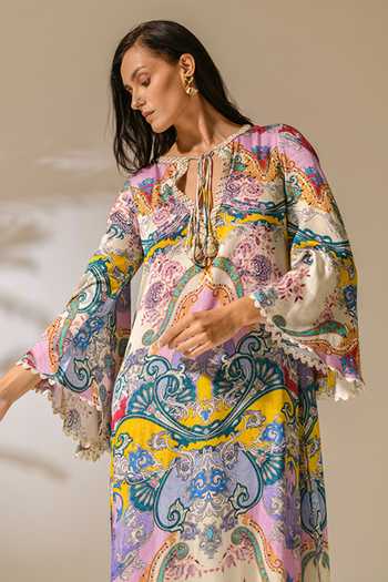 Buy_Bhanuni By Jyoti_Multi Color Viscose Keyhole Neck Bubblelight Print Kaftan _Online_at_Aza_Fashions