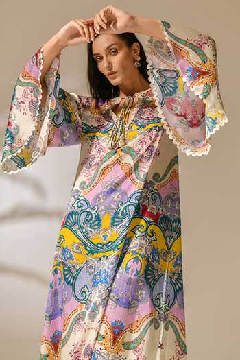 Shop_Bhanuni By Jyoti_Multi Color Viscose Keyhole Neck Bubblelight Print Kaftan _Online_at_Aza_Fashions