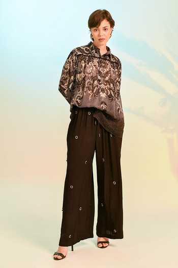 Bhanuni By Jyoti_Black Viscose Collared Neck Drift Print Shirt _Online_at_Aza_Fashions