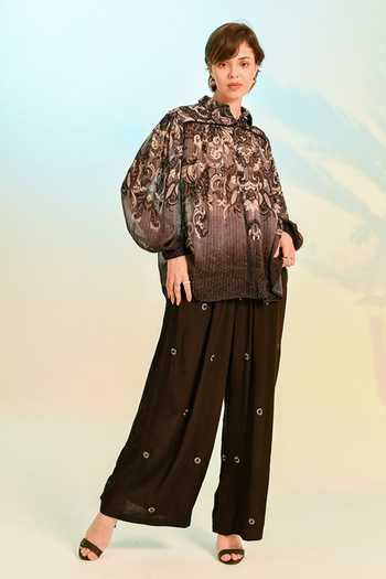 Shop_Bhanuni By Jyoti_Black Viscose Collared Neck Drift Print Shirt _Online_at_Aza_Fashions
