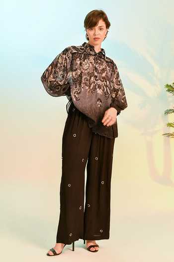 Bhanuni By Jyoti_Black Viscose Collared Neck Drift Print Shirt _at_Aza_Fashions
