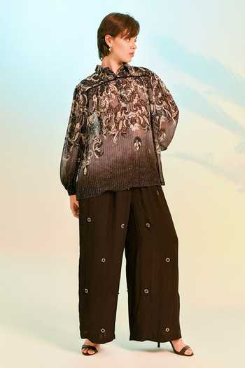 Buy_Bhanuni By Jyoti_Black Viscose Collared Neck Drift Print Shirt 