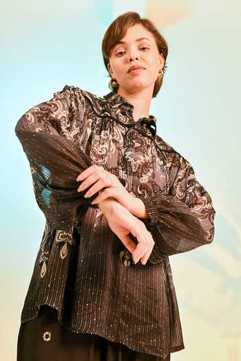 Shop_Bhanuni By Jyoti_Black Viscose Collared Neck Drift Print Shirt 