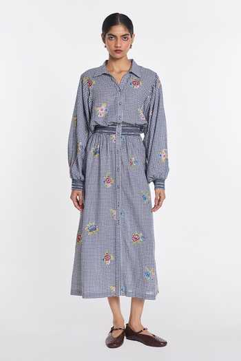 Payal Pratap_Blue Handloom Cotton Collared Neck Delphinium Embroidered Dress _Online_at_Aza_Fashions