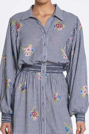 Shop_Payal Pratap_Blue Handloom Cotton Collared Neck Delphinium Embroidered Dress _Online_at_Aza_Fashions