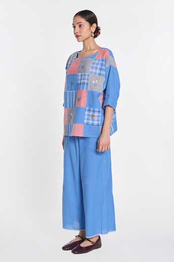 Payal Pratap_Blue Handloom Cotton Round Neck Paniculata Drop Shoulder Top _Online_at_Aza_Fashions