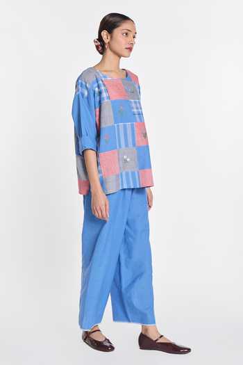 Buy_Payal Pratap_Blue Handloom Cotton Round Neck Paniculata Drop Shoulder Top _Online_at_Aza_Fashions