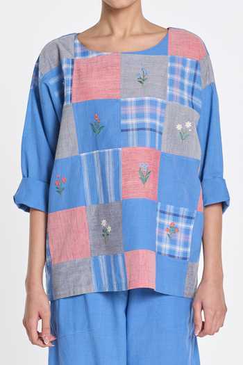Shop_Payal Pratap_Blue Handloom Cotton Round Neck Paniculata Drop Shoulder Top _Online_at_Aza_Fashions