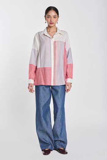 Payal Pratap Multi Color Handloom Cotton Collared Neck Chamomile Patchwork Shirt Online at Aza Fashions Payal Pratap_Multi Color Handloom Cotton Collared Neck Chamomile Patchwork Shirt _Online_at_Aza_Fashions