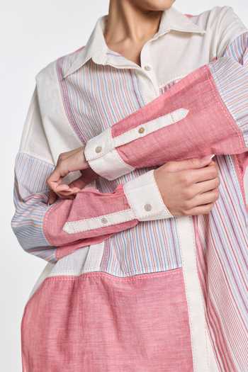 Shop Payal Pratap Multi Color Handloom Cotton Collared Neck Chamomile Patchwork Shirt Online at Aza Fashions Shop_Payal Pratap_Multi Color Handloom Cotton Collared Neck Chamomile Patchwork Shirt _Online_at_Aza_Fashions