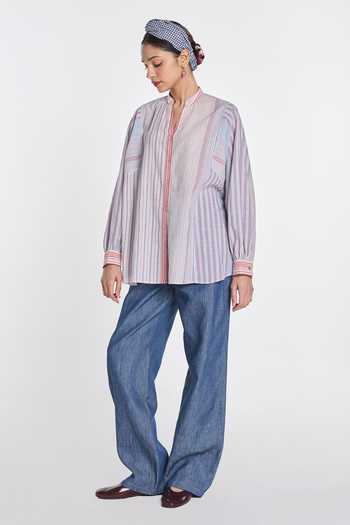 Payal Pratap Multi Color Handloom Cotton Band Collar Yarrow Multicheck Shirt Online at Aza Fashions Payal Pratap_Multi Color Handloom Cotton Band Collar Yarrow Multicheck Shirt _Online_at_Aza_Fashions