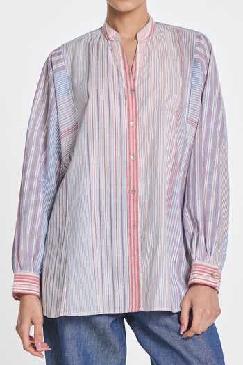Shop Payal Pratap Multi Color Handloom Cotton Band Collar Yarrow Multicheck Shirt Online at Aza Fashions Shop_Payal Pratap_Multi Color Handloom Cotton Band Collar Yarrow Multicheck Shirt _Online_at_Aza_Fashions