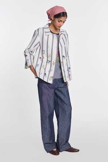 Payal Pratap White Cotton, Linen Collared Neck Gomphrena Double Breasted Jacket Online at Aza Fashions Payal Pratap_White Cotton, Linen Collared Neck Gomphrena Double Breasted Jacket _Online_at_Aza_Fashions