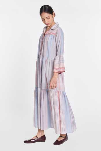 Payal Pratap_Multi Color Handloom Cotton Collared Neck Roscoea Maxi Dress _Online_at_Aza_Fashions