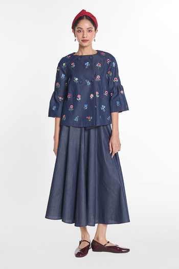 Buy_Payal Pratap_Blue Denim Round Neck Gerbera Peplum Jacket _Online_at_Aza_Fashions