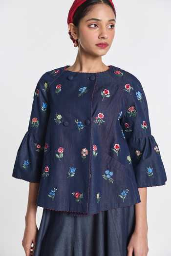 Shop_Payal Pratap_Blue Denim Round Neck Gerbera Peplum Jacket _Online_at_Aza_Fashions