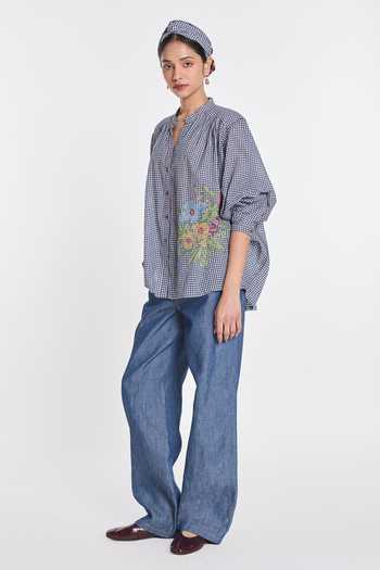 Payal Pratap_Blue Handloom Cotton Band Collar Alexander Gingham Check Shirt _Online_at_Aza_Fashions