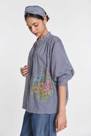 Buy_Payal Pratap_Blue Handloom Cotton Band Collar Alexander Gingham Check Shirt _Online_at_Aza_Fashions