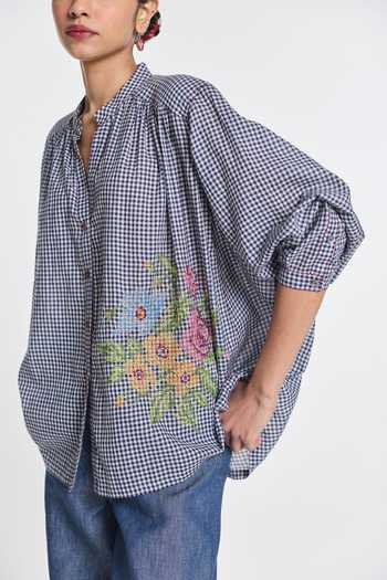 Shop_Payal Pratap_Blue Handloom Cotton Band Collar Alexander Gingham Check Shirt _Online_at_Aza_Fashions