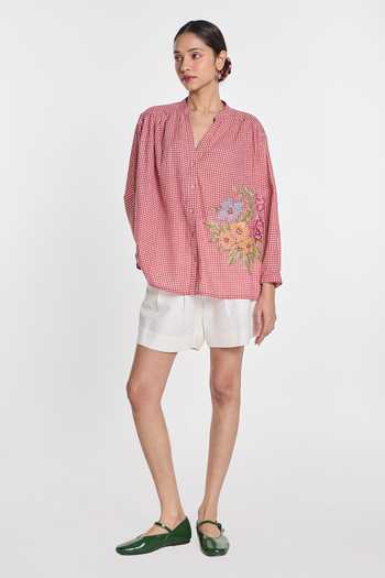 Payal Pratap_Red Handloom Cotton Mandarin Collar Alexander Gingham Check Shirt _Online_at_Aza_Fashions