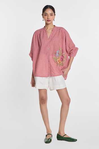 Buy_Payal Pratap_Red Handloom Cotton Mandarin Collar Alexander Gingham Check Shirt _Online_at_Aza_Fashions