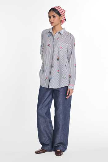 Payal Pratap Blue Handloom Cotton Collared Neck Columbine Shirt Online at Aza Fashions Payal Pratap_Blue Handloom Cotton Collared Neck Columbine Shirt _Online_at_Aza_Fashions