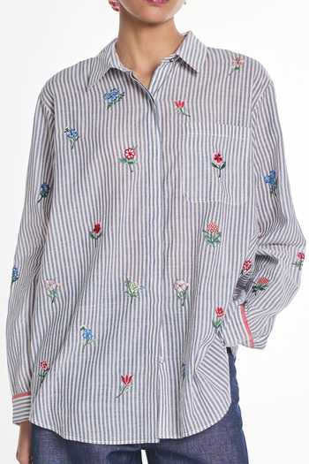 Buy Payal Pratap Blue Handloom Cotton Collared Neck Columbine Shirt Online at Aza Fashions Buy_Payal Pratap_Blue Handloom Cotton Collared Neck Columbine Shirt _Online_at_Aza_Fashions