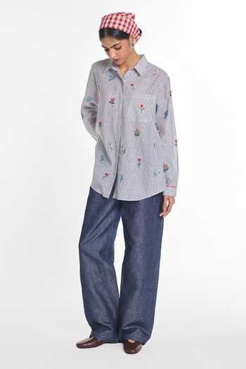 Shop Payal Pratap Blue Handloom Cotton Collared Neck Columbine Shirt Online at Aza Fashions Shop_Payal Pratap_Blue Handloom Cotton Collared Neck Columbine Shirt _Online_at_Aza_Fashions