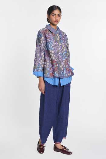 Payal Pratap_Blue Cotton, Linen Peter Pan Collar Torenia Embroidered Jacket _Online_at_Aza_Fashions