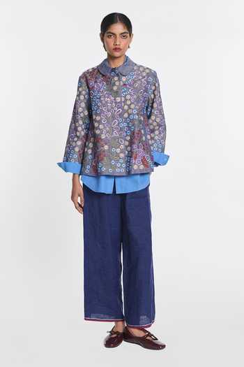 Buy_Payal Pratap_Blue Cotton, Linen Peter Pan Collar Torenia Embroidered Jacket _Online_at_Aza_Fashions