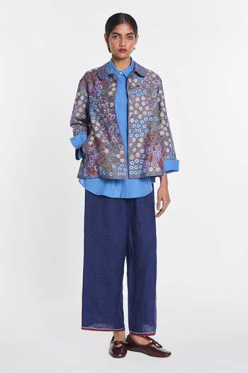 Shop_Payal Pratap_Blue Cotton, Linen Peter Pan Collar Torenia Embroidered Jacket _Online_at_Aza_Fashions