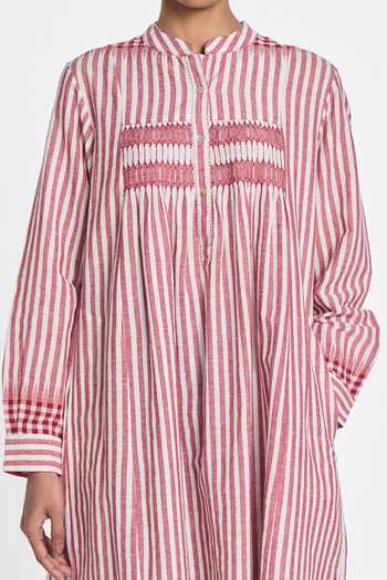 Payal Pratap_Pink Handloom Cotton Mandarin Collar Nicotiana Striped Tunic _at_Aza_Fashions