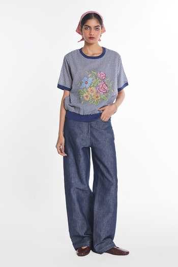 Payal Pratap Blue Handloom Cotton Round Neck Salvia Embroidered Top Online at Aza Fashions Payal Pratap_Blue Handloom Cotton Round Neck Salvia Embroidered Top _Online_at_Aza_Fashions