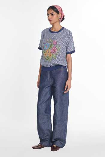 Buy Payal Pratap Blue Handloom Cotton Round Neck Salvia Embroidered Top Online at Aza Fashions Buy_Payal Pratap_Blue Handloom Cotton Round Neck Salvia Embroidered Top _Online_at_Aza_Fashions