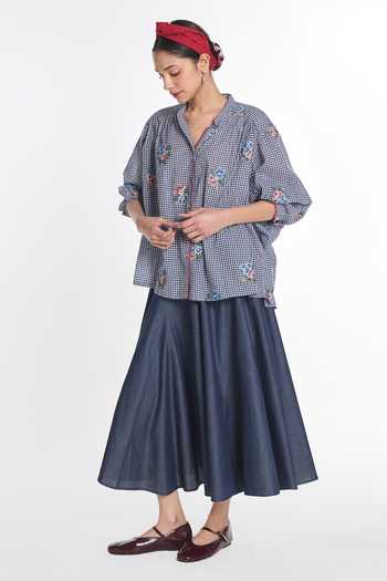 Payal Pratap_Blue Handloom Cotton Split V-neck Lisianthus Gingham Check Top _Online_at_Aza_Fashions