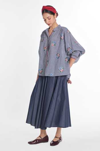Buy_Payal Pratap_Blue Handloom Cotton Split V-neck Lisianthus Gingham Check Top _Online_at_Aza_Fashions